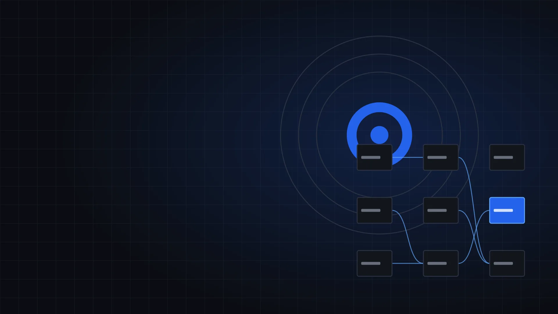 Illustration of concentric rings and a system flow diagram on a dark grid