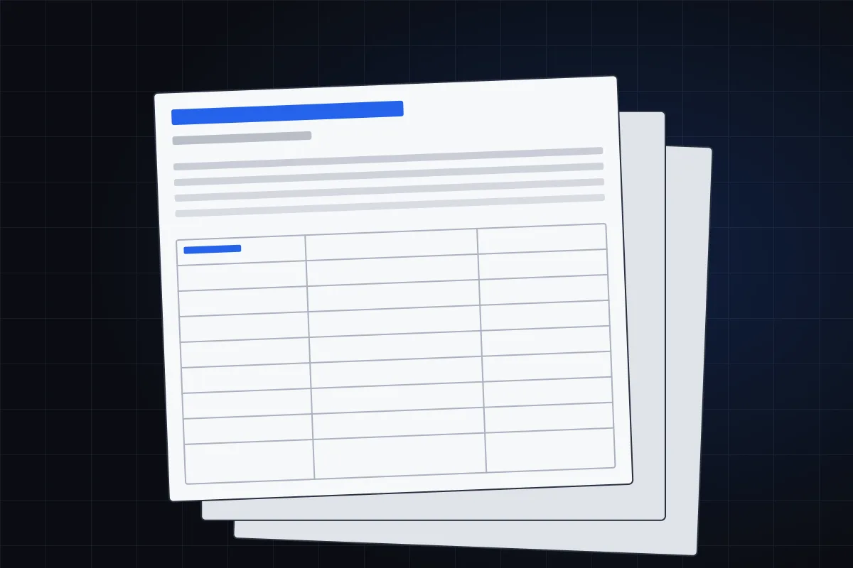 Illustration of stacked report pages with a priced findings table